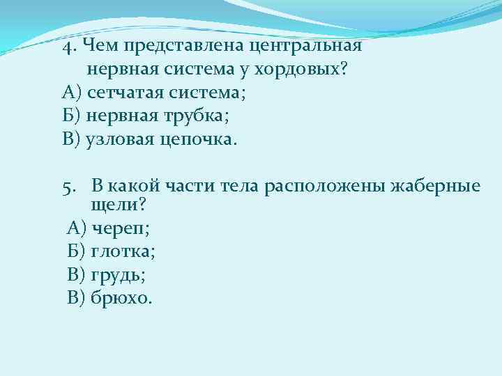 4. Чем представлена центральная нервная система у хордовых? А) сетчатая система; Б) нервная трубка;