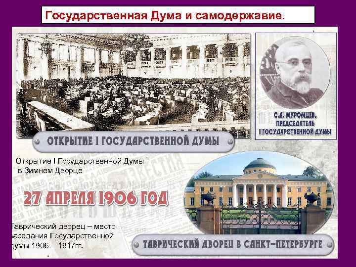 Государственная Дума и самодержавие. Открытие I Государственной Думы в Зимнем Дворце Таврический дворец –