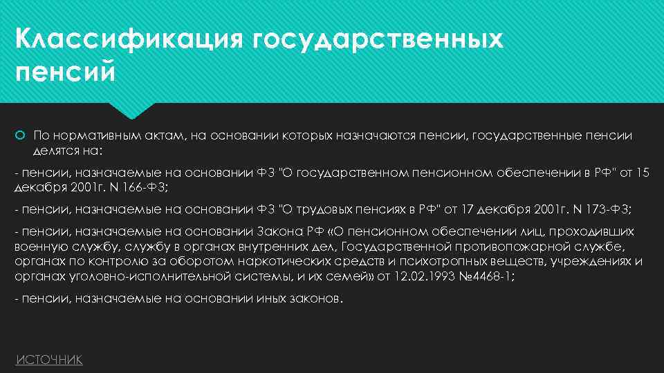Классификация государственных пенсий По нормативным актам, на основании которых назначаются пенсии, государственные пенсии делятся