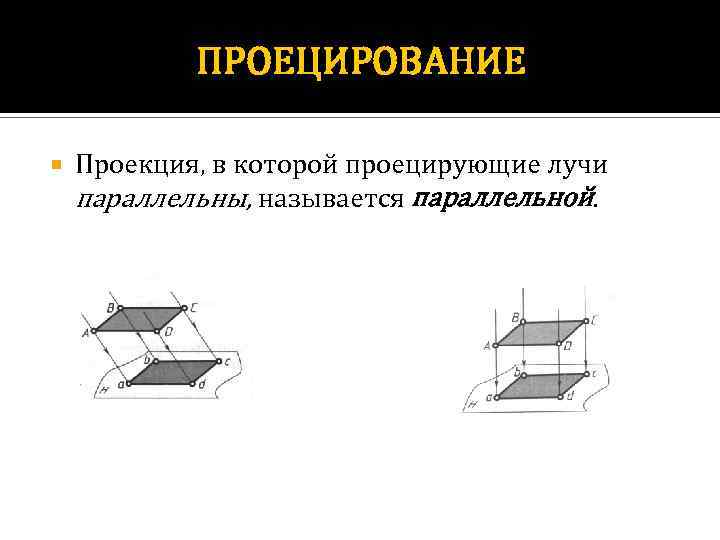 ПРОЕЦИРОВАНИЕ Проекция, в которой проецирующие лучи параллельны, называется параллельной. 