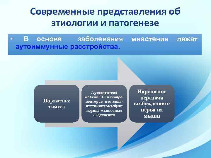 Современные представления об этиологии и патогенезе • В основе заболевания аутоиммунные расстройства. Поражение тимуса