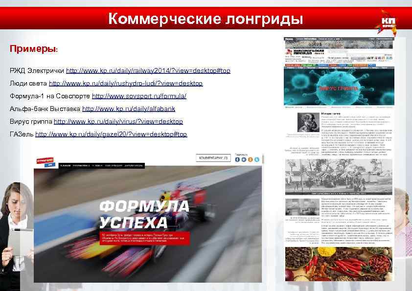 Коммерческие лонгриды Примеры: РЖД Электрички http: //www. kp. ru/daily/railway 2014/? view=desktop#top Люди света http: