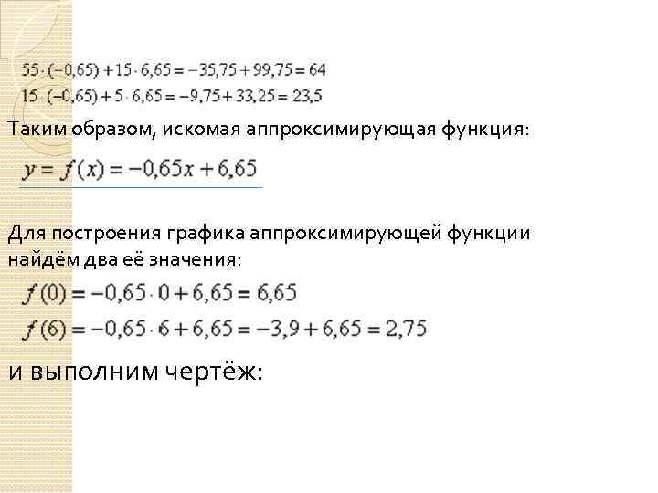 Таким образом, искомая аппроксимирующая функция: Для построения графика аппроксимирующей функции найдём два её значения: