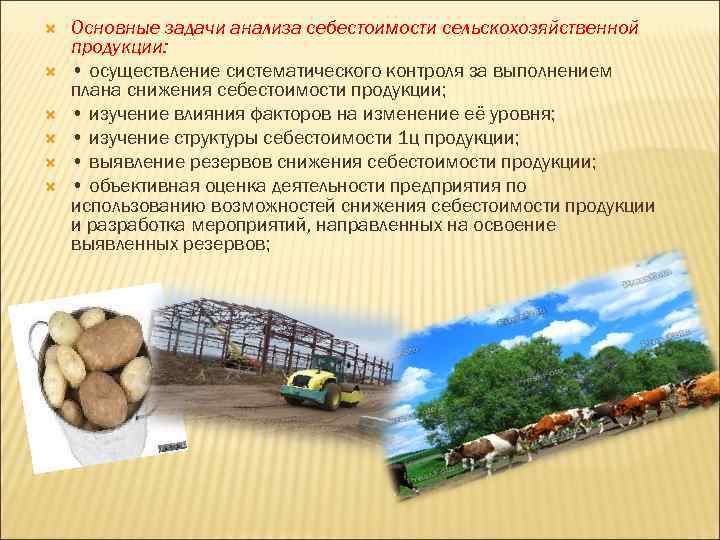  Основные задачи анализа себестоимости сельскохозяйственной продукции: • осуществление систематического контроля за выполнением плана