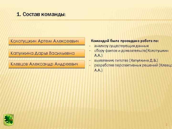 1. Состав команды: Колотушкин Артем Алексеевич Капулкина Дарья Васильевна Клевцов Александр Андреевич Командой была