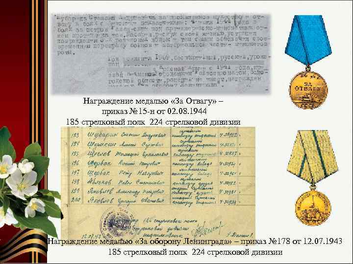 Награждение медалью «За Отвагу» – приказ № 15 -н от 02. 08. 1944 185