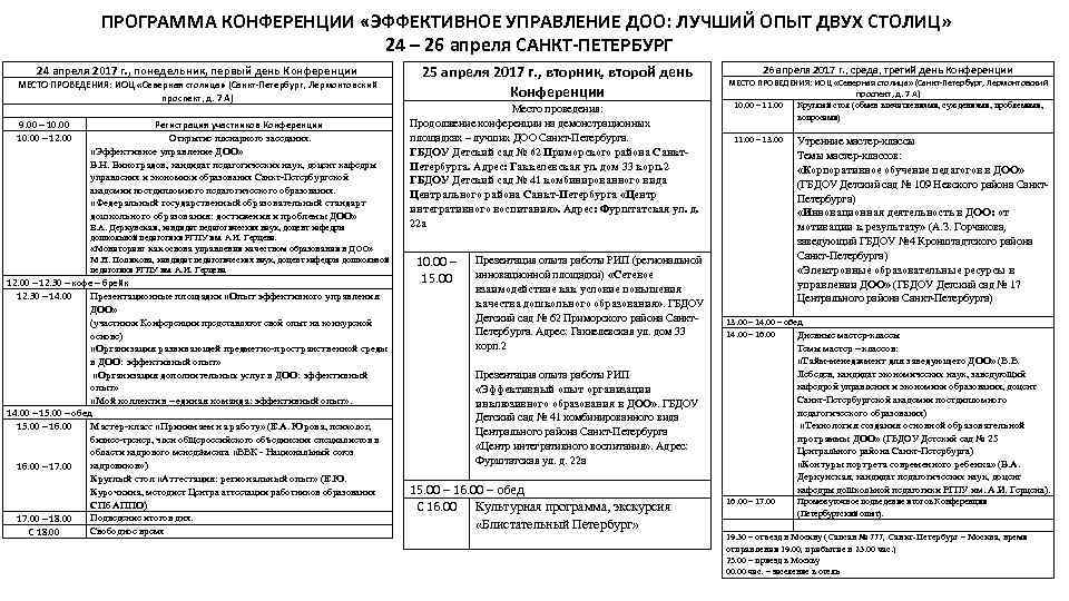 ПРОГРАММА КОНФЕРЕНЦИИ «ЭФФЕКТИВНОЕ УПРАВЛЕНИЕ ДОО: ЛУЧШИЙ ОПЫТ ДВУХ СТОЛИЦ» 24 – 26 апреля САНКТ-ПЕТЕРБУРГ