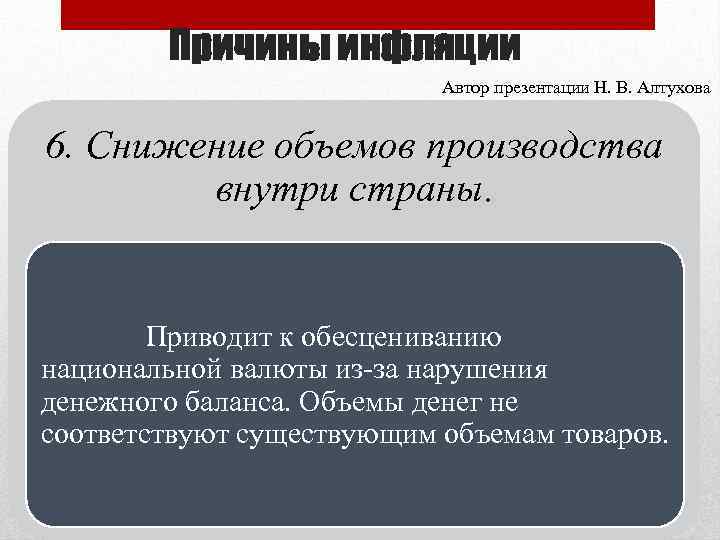 Причины инфляции Автор презентации Н. В. Алтухова 6. Снижение объемов производства внутри страны. Приводит