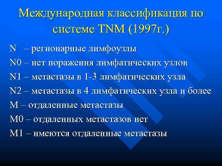 Международная классификация по системе TNM (1997 г. ) N – регионарные лимфоузлы N 0