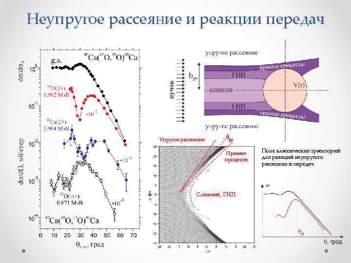 Неупругое рассеяние и реакции передач Упругое рассеяние qgr Прямые процессы Слияние, ГНП Поле классических