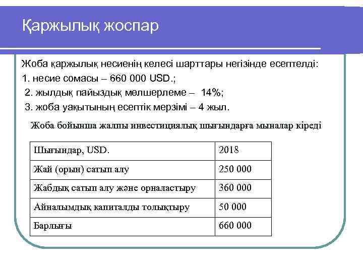 Қаржылық жоспар Жоба қаржылық несиенің келесі шарттары негізінде есептелді: 1. несие сомасы – 660