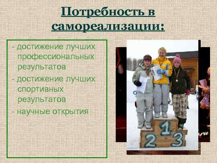 Потребность в самореализации: - достижение лучших профессиональных результатов - достижение лучших спортивных результатов -