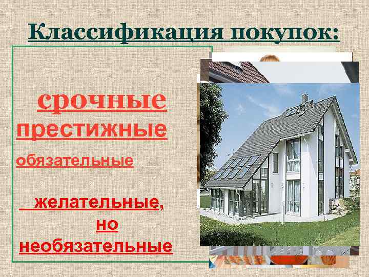 Классификация покупок: срочные престижные обязательные желательные, но необязательные 