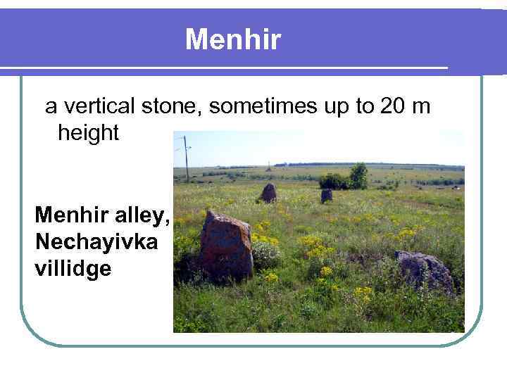 Menhir a vertical stone, sometimes up to 20 m height Menhir alley, Nechayivka villidge