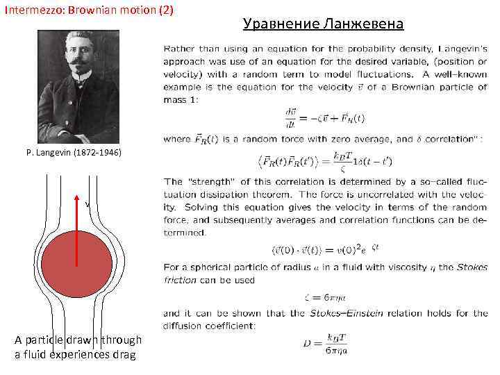 Intermezzo: Brownian motion (2) P. Langevin (1872 -1946) v A particle drawn through a