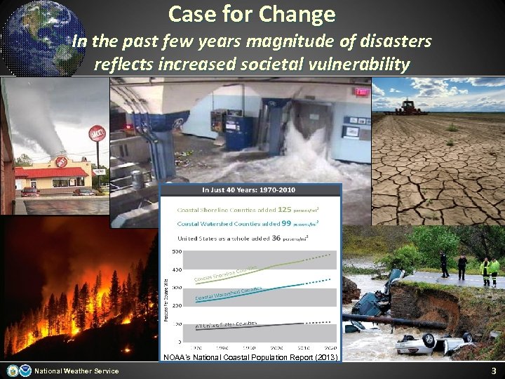 Case for Change In the past few years magnitude of disasters reflects increased societal