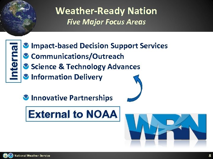 Weather-Ready Nation Internal Five Major Focus Areas Impact-based Decision Support Services Communications/Outreach Science &