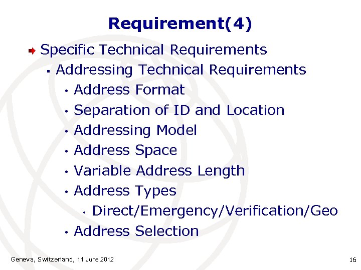 Requirement(4) Specific Technical Requirements § Addressing Technical Requirements • Address Format • Separation of