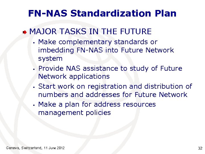 FN-NAS Standardization Plan MAJOR TASKS IN THE FUTURE § § Make complementary standards or
