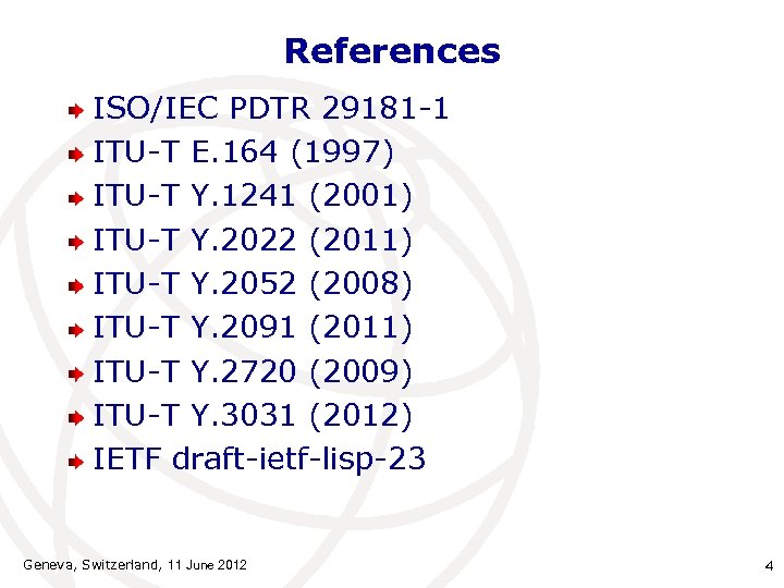 References ISO/IEC PDTR 29181 -1 ITU-T E. 164 (1997) ITU-T Y. 1241 (2001) ITU-T