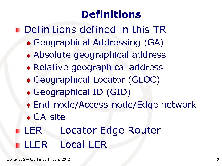 Definitions defined in this TR Geographical Addressing (GA) Absolute geographical address Relative geographical address