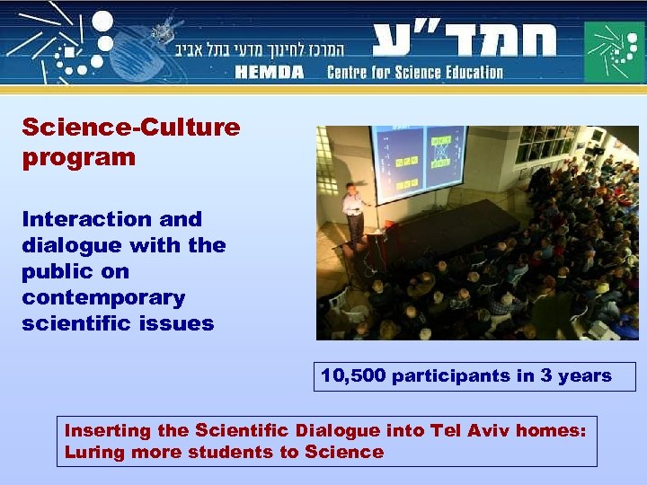 Science-Culture program Interaction and dialogue with the public on contemporary scientific issues 10, 500
