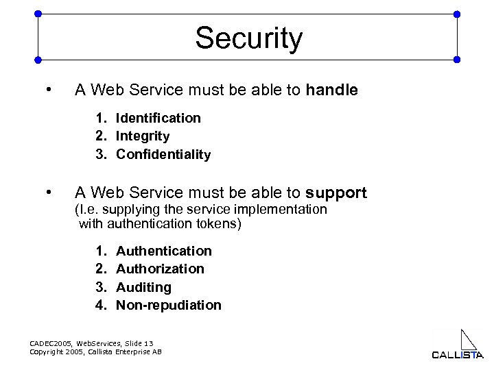 Security • A Web Service must be able to handle 1. Identification 2. Integrity