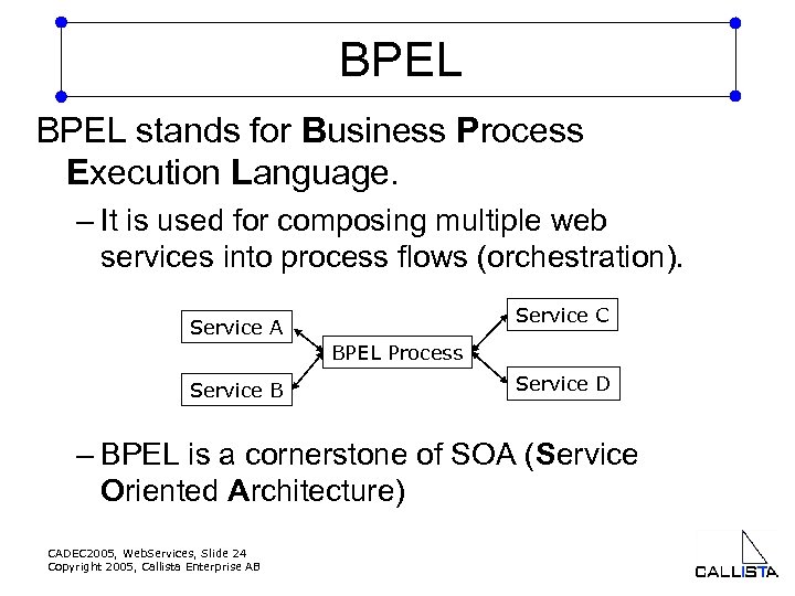 BPEL stands for Business Process Execution Language. – It is used for composing multiple