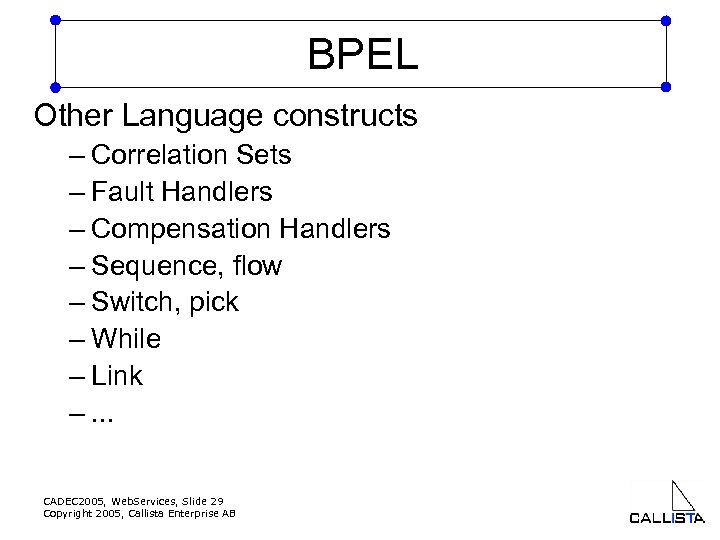 BPEL Other Language constructs – Correlation Sets – Fault Handlers – Compensation Handlers –