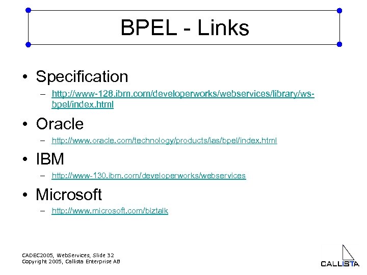BPEL - Links • Specification – http: //www-128. ibm. com/developerworks/webservices/library/wsbpel/index. html • Oracle –