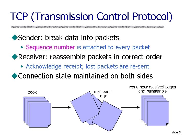 TCP (Transmission Control Protocol) u. Sender: break data into packets • Sequence number is