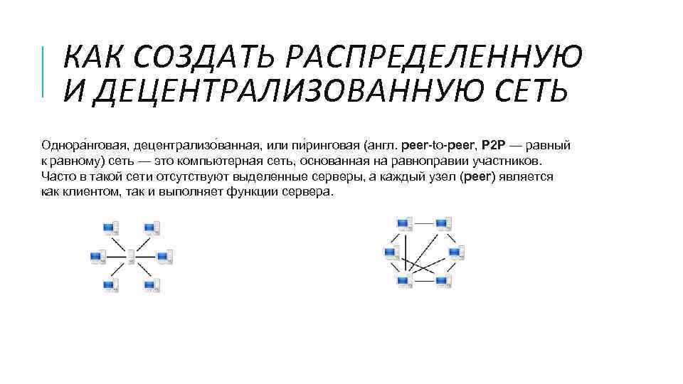 КАК СОЗДАТЬ РАСПРЕДЕЛЕННУЮ И ДЕЦЕНТРАЛИЗОВАННУЮ СЕТЬ Однора нговая, децентрализо ванная, или пи ринговая (англ.