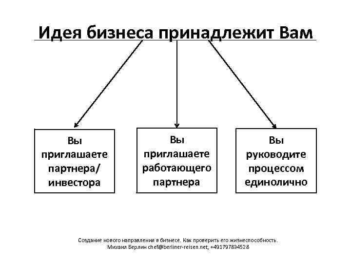 Идея бизнеса принадлежит Вам Вы приглашаете партнера/ инвестора Вы приглашаете работающего партнера Вы руководите