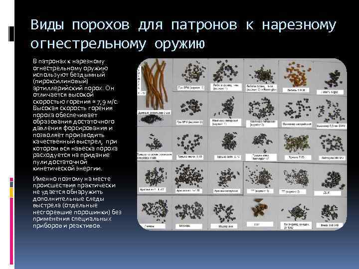Виды порохов для патронов к нарезному огнестрельному оружию В патронах к нарезному огнестрельному оружию