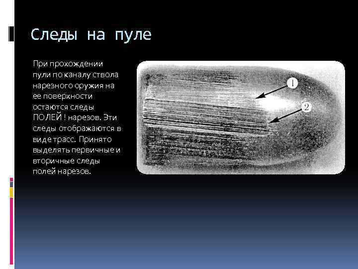 Следы на пуле При прохождении пули по каналу ствола нарезного оружия на ее поверхности