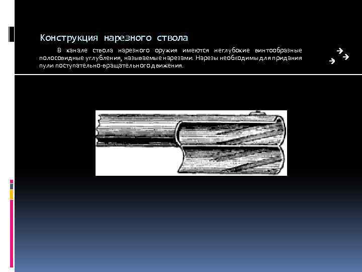Конструкция нарезного ствола В канале ствола нарезного оружия имеются неглубокие винтообразные полосовидные углубления, называемые