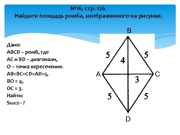 № 16, стр. 126. Найдите площадь ромба, изображенного на рисунке. В Дано: ABCD –
