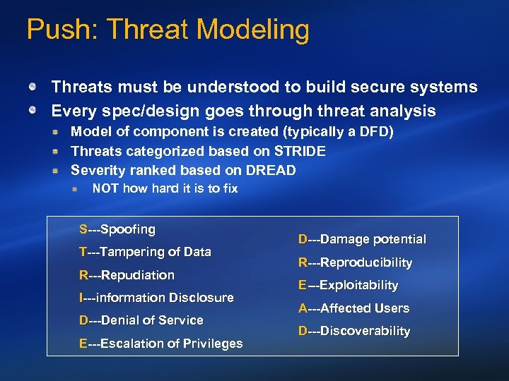Push: Threat Modeling Threats must be understood to build secure systems Every spec/design goes