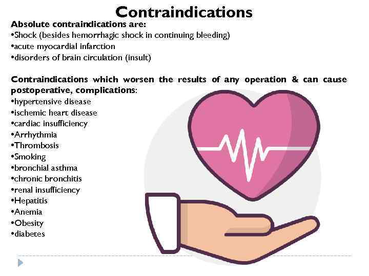 Contraindications Absolute contraindications are: • Shock (besides hemorrhagic shock in continuing bleeding) • acute