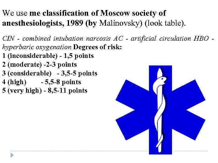 We use me classification of Moscow society of anesthesiologists, 1989 (by Malinovsky) (look table).