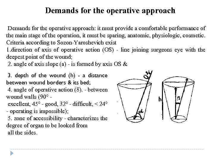 Demands for the operative approach: it must provide a comfortable performance of the main