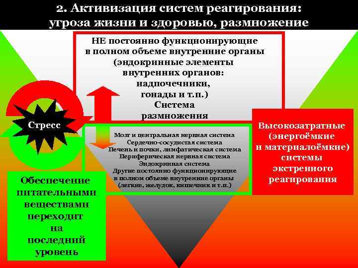 2. Активизация систем реагирования: угроза жизни и здоровью, размножение НЕ постоянно функционирующие в полном