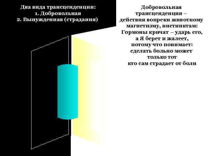 Два вида трансценденции: 1. Добровольная 2. Вынужденная (страдания) Добровольная трансценденция – действия вопреки животному