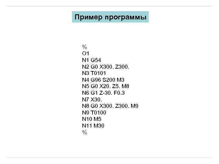 Пример программы % O 1 N 1 G 54 N 2 G 0 X