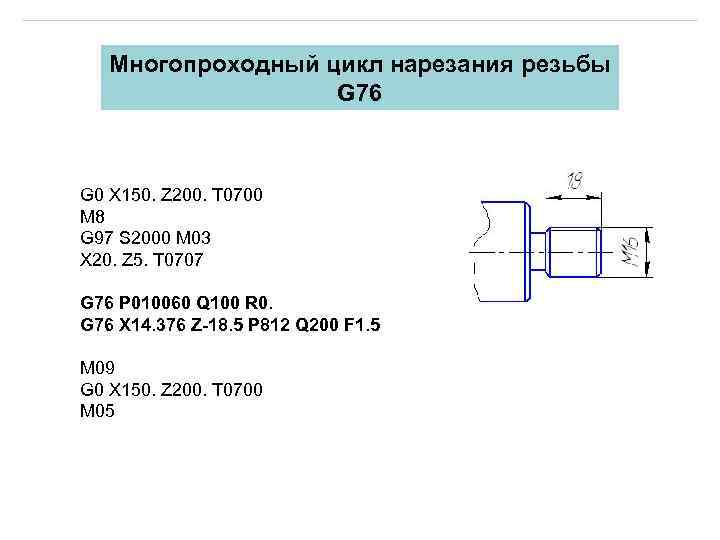 Многопроходный цикл нарезания резьбы G 76 G 0 X 150. Z 200. T 0700