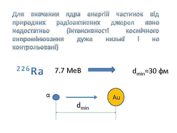 Для вивчення ядра енергій частинок від природних радіоактивних джерел явно недостатньо (інтенсивності космічного випромінювання