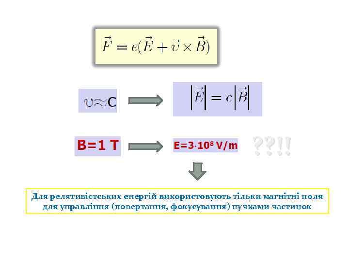 ? ? !! Для релятивістських енергій використовують тільки магнітні поля для управління (повертання, фокусування)