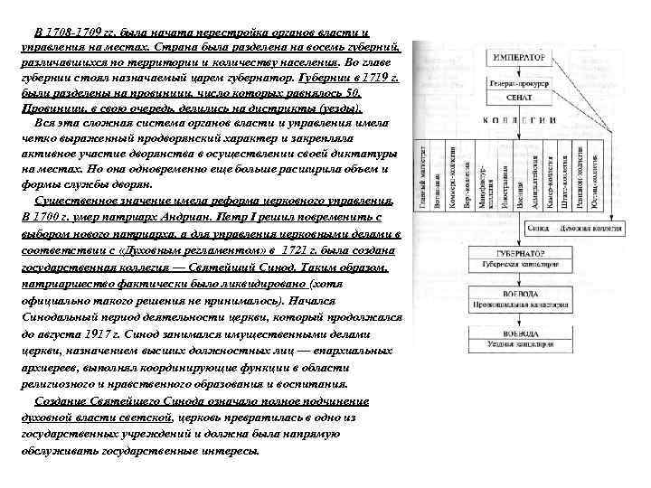 В 1708 -1709 гг. была начата перестройка органов власти и управления на местах. Страна