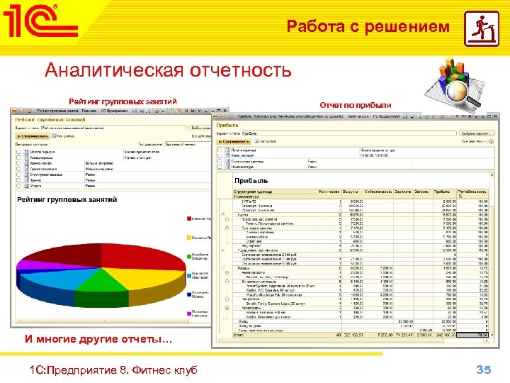 Работа с решением Аналитическая отчетность Рейтинг групповых занятий Отчет по прибыли И многие другие