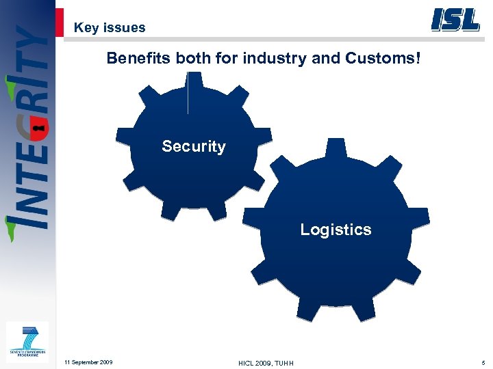 Key issues Benefits both for industry and Customs! Security Logistics 11 September 2009 HICL